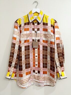 Burberry Ivanna Check Mulberry Silk Button Down Shirt
